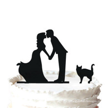 Bride and Groom Kissing Couple with Pet Cat Silhouette Wedding Cake Topper
